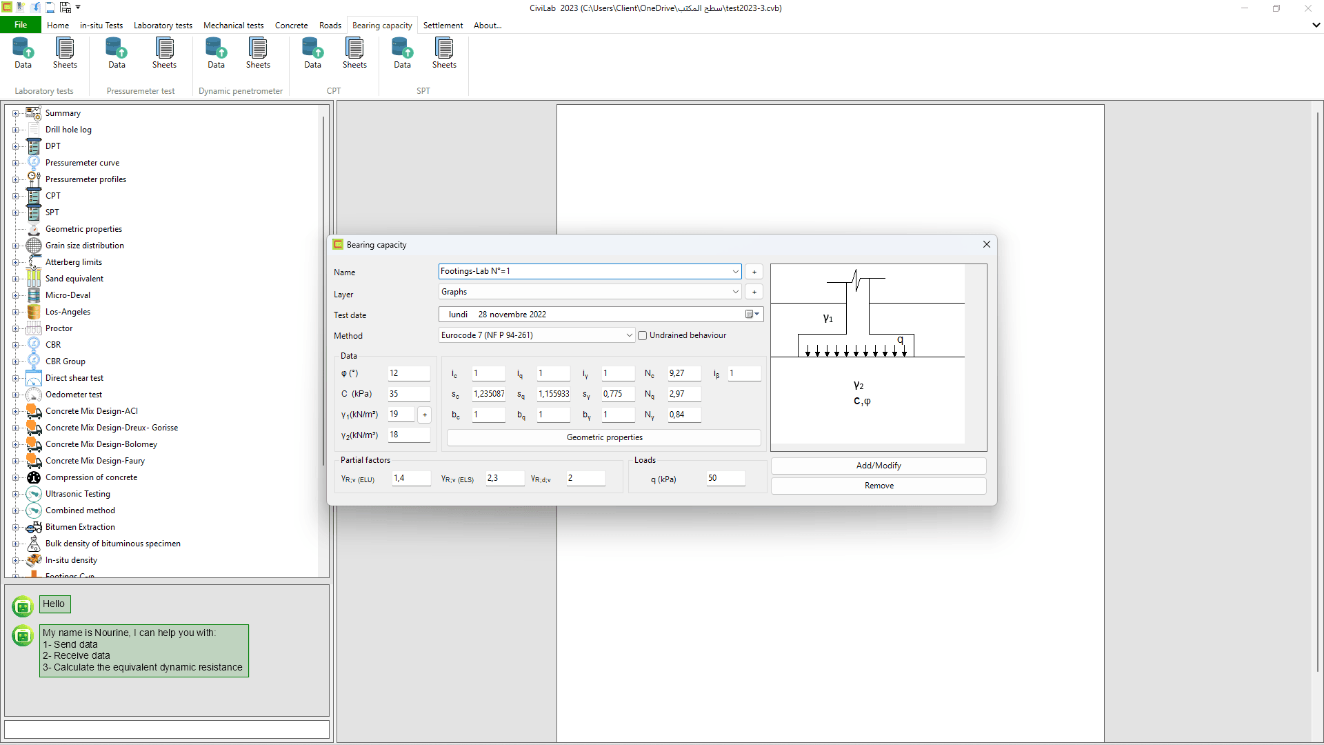 Bearing capacity: Screenshot N°01 , Civil engineering testing software - CiviLab