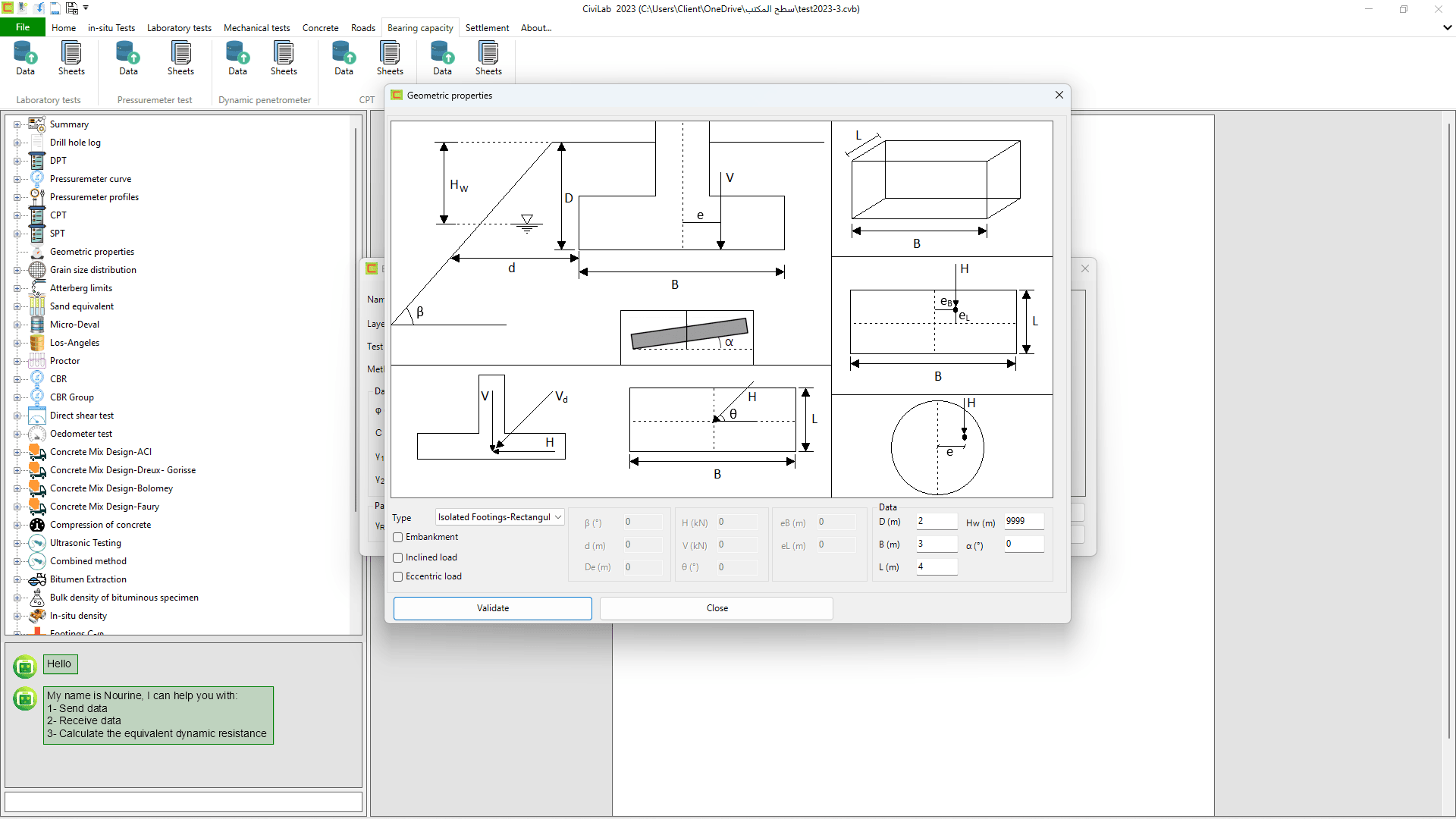 Bearing capacity: Screenshot N°02 , Civil engineering testing software - CiviLab