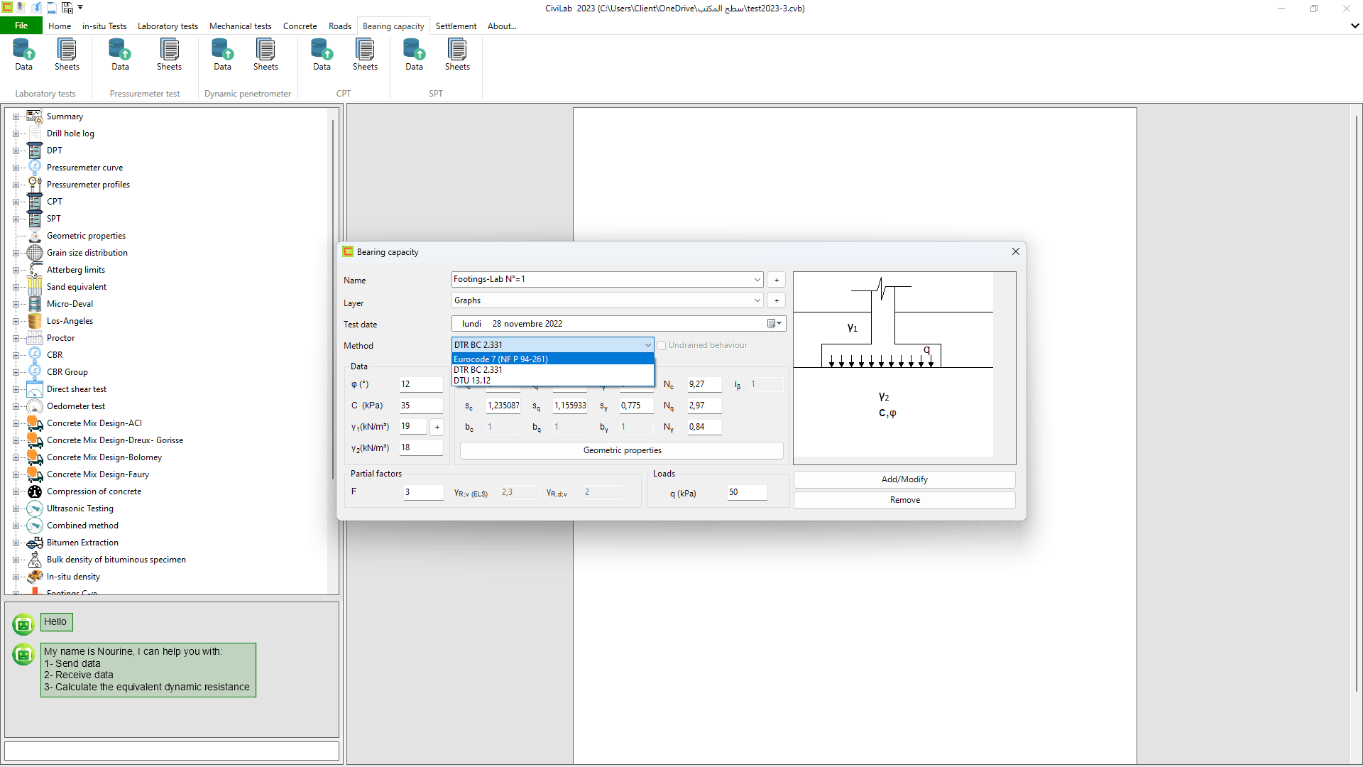 Bearing capacity: Screenshot N°04 , Civil engineering testing software - CiviLab