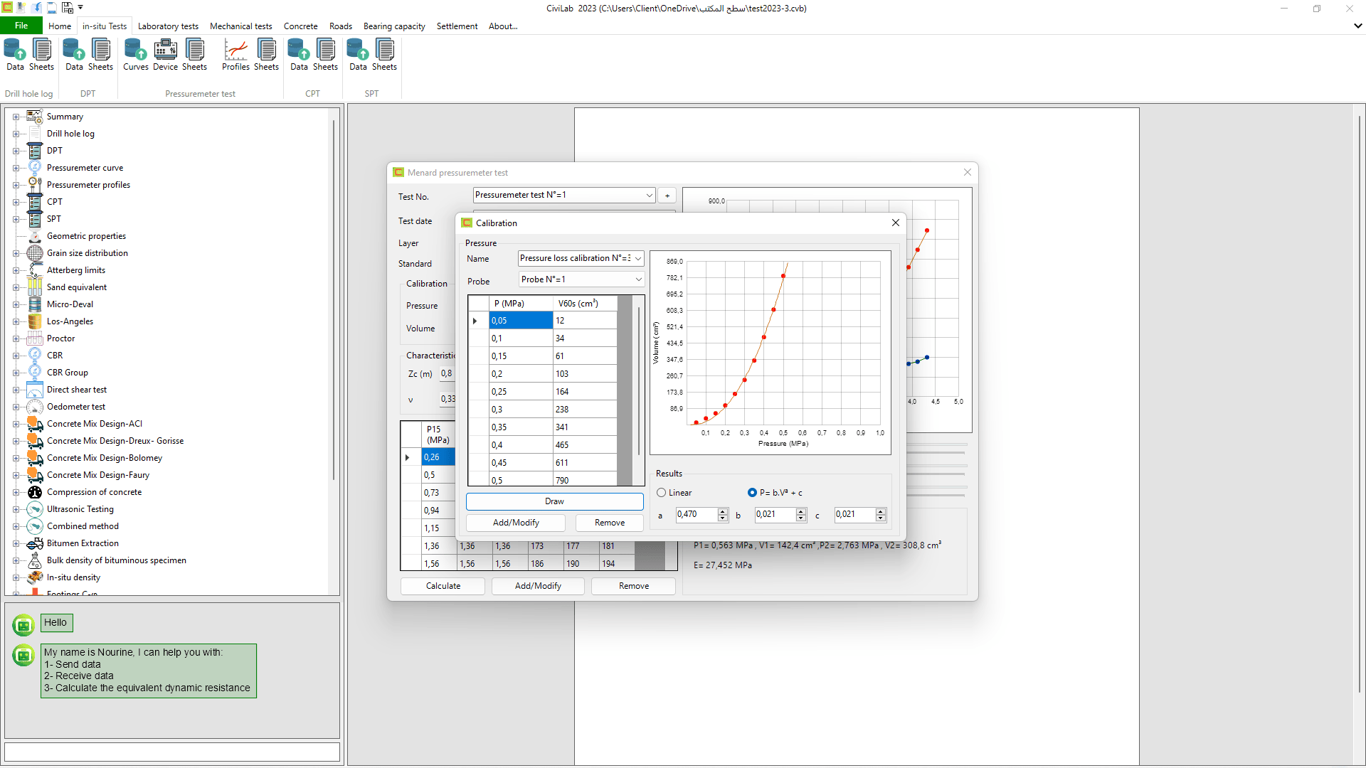 Menard pressuremeter test: Screenshot N°01 , Civil engineering testing software - CiviLab