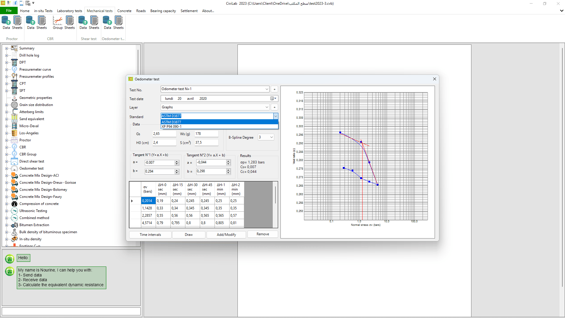 Oedometer test: Screenshot N°02 , Civil engineering testing software - CiviLab