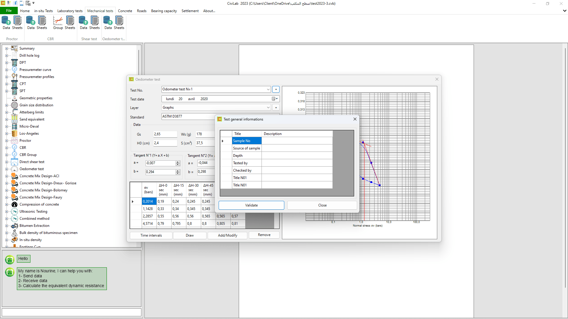 Oedometer test: Screenshot N°03 , Civil engineering testing software - CiviLab